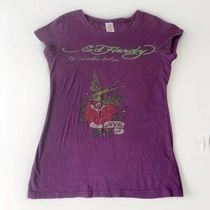 Vintage Y2K Ed Hardy x Christian Audigier Bedazzled LoveBird Tee Sz Medium